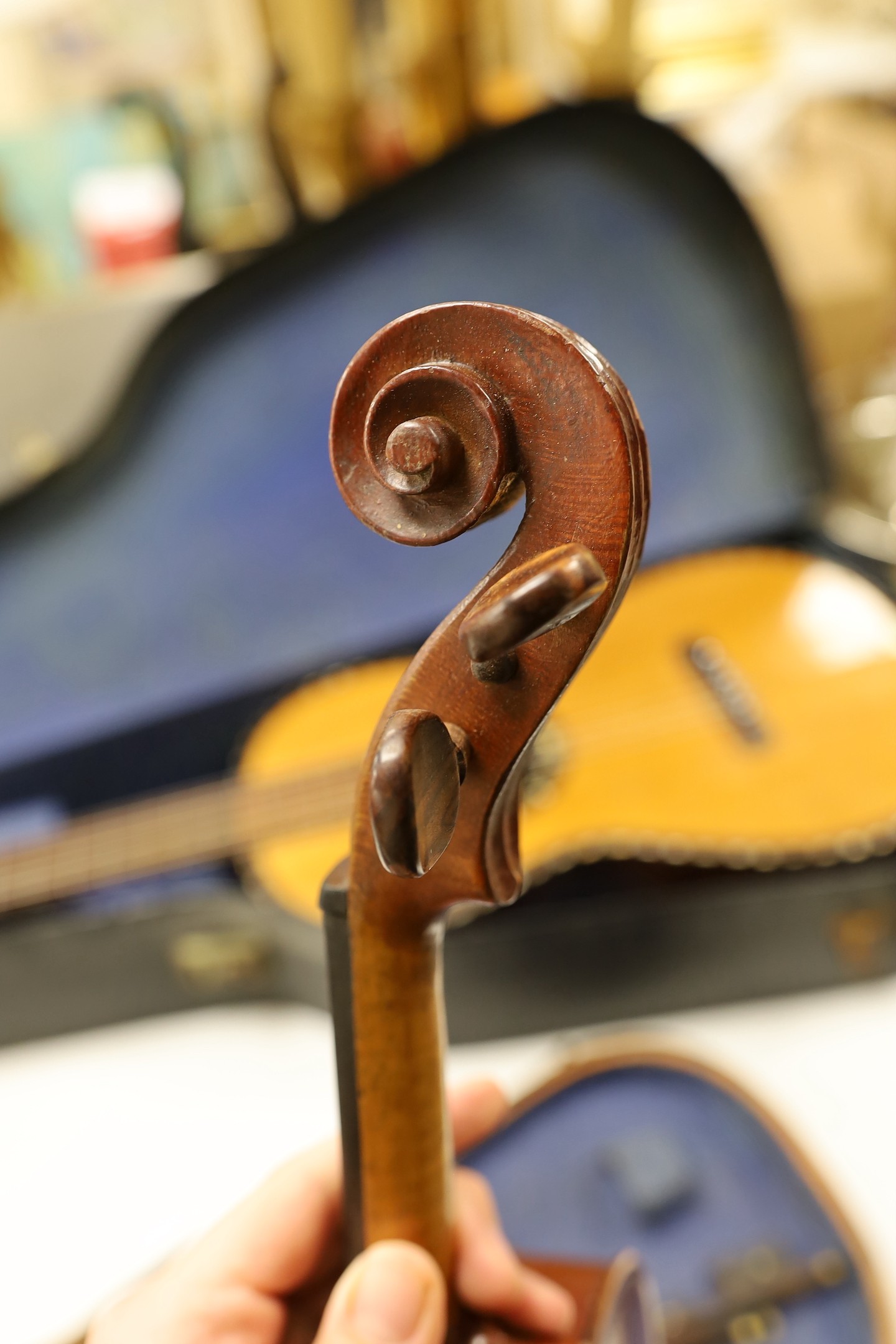 A 3/4 size violin, length of back 33cm, wooden case